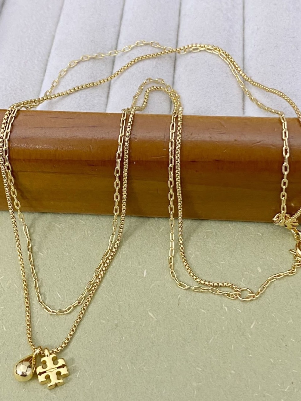 Tory Burch Gold Layered Necklace with Logo Charm